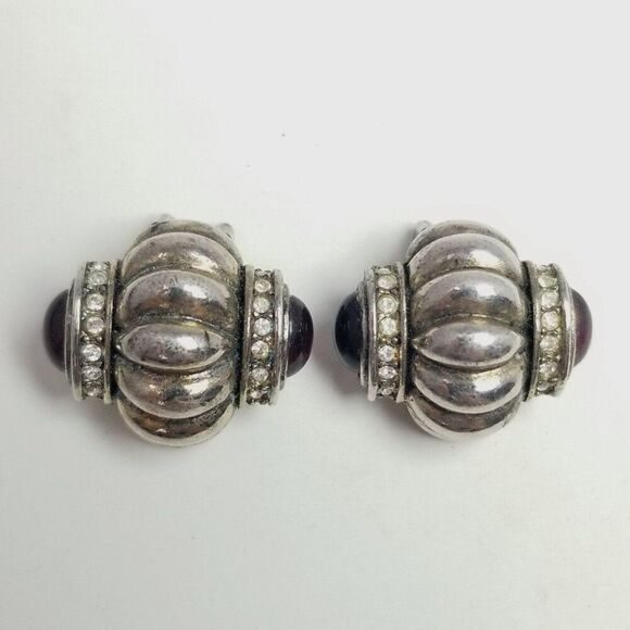 Vintage Silver Tone Fluted Clip On Earrings with Side Dark Red Cabochons, Signed - Picture 2 of 9